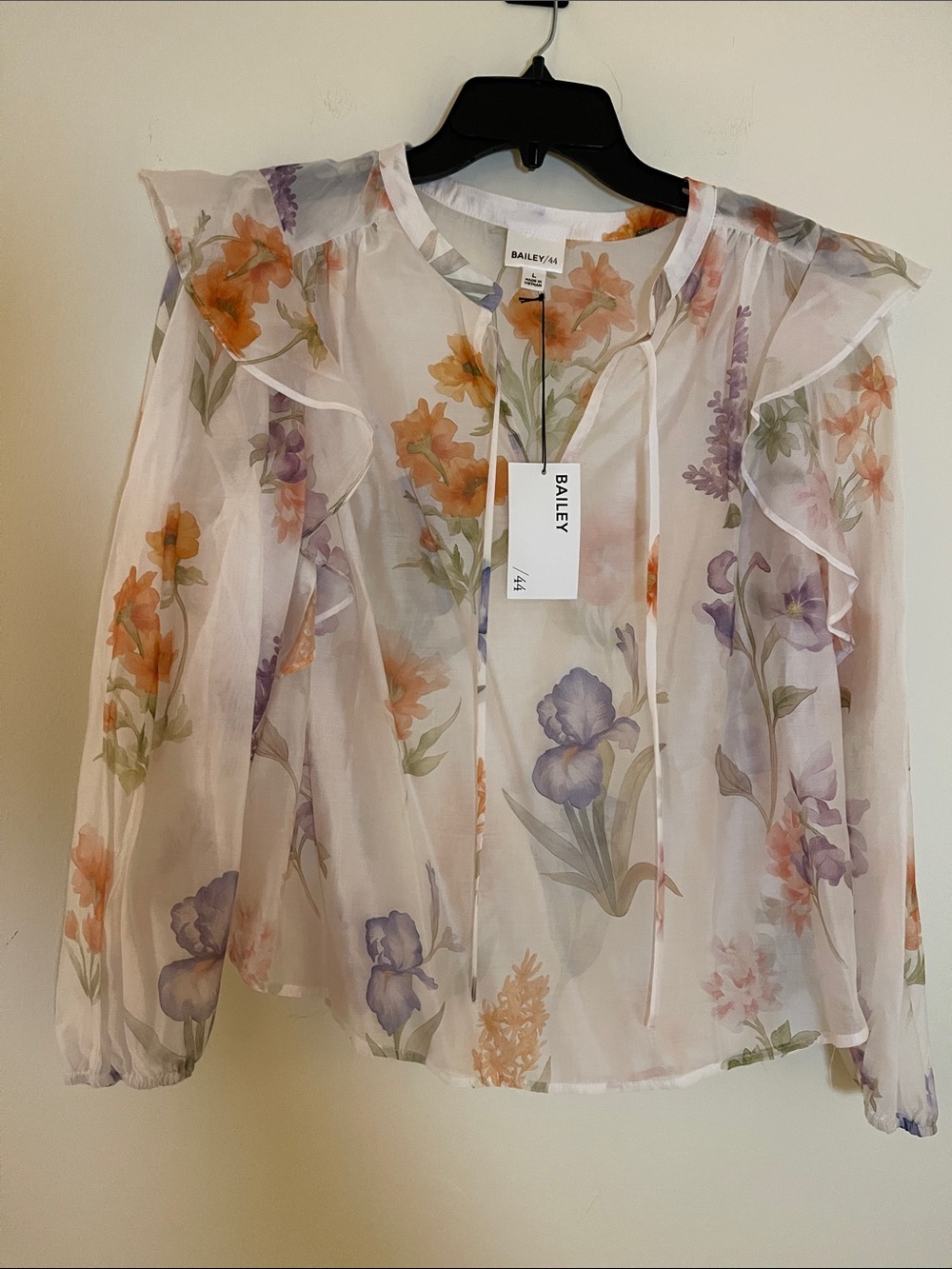 Floral Ruffled Sheer Blouse - White with Lavender & Peach Floral